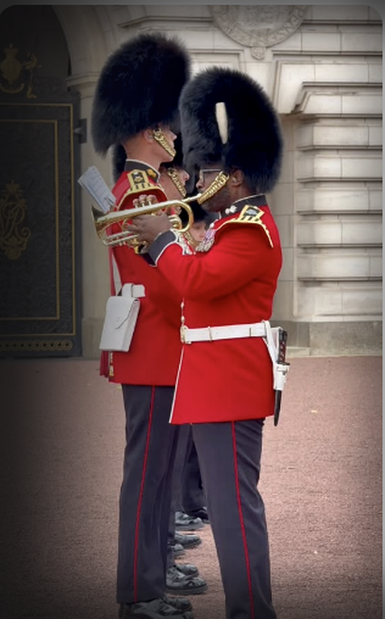 Ceremonial Guards trumpeters performing at Buckingham Palace
